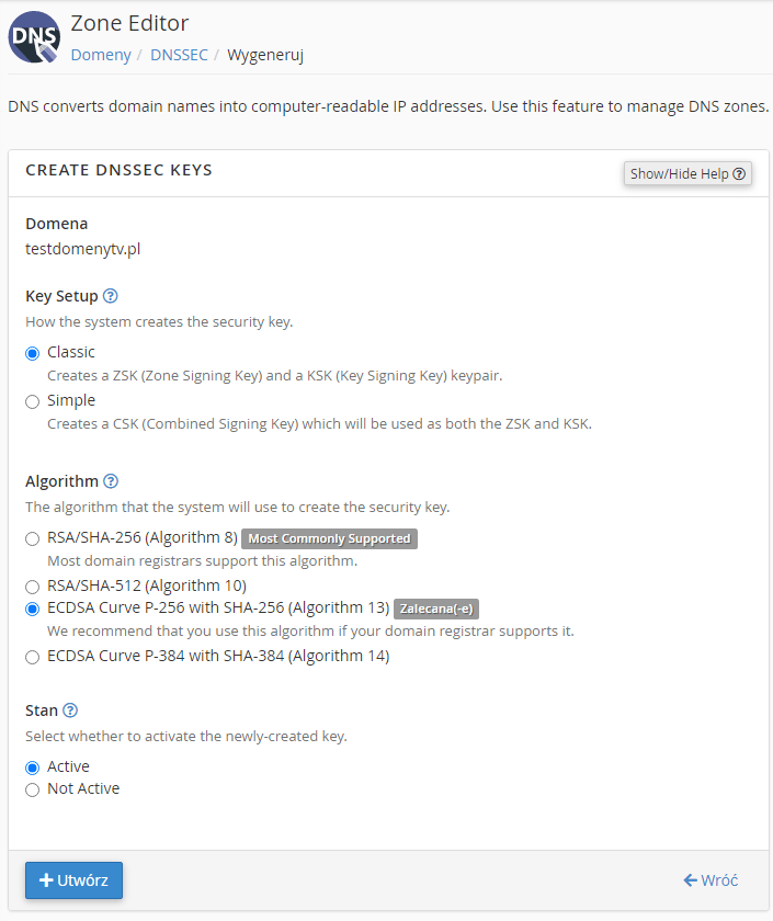 dostosowanie kluczy dnssec w cpanelu - opcje dodatkowe